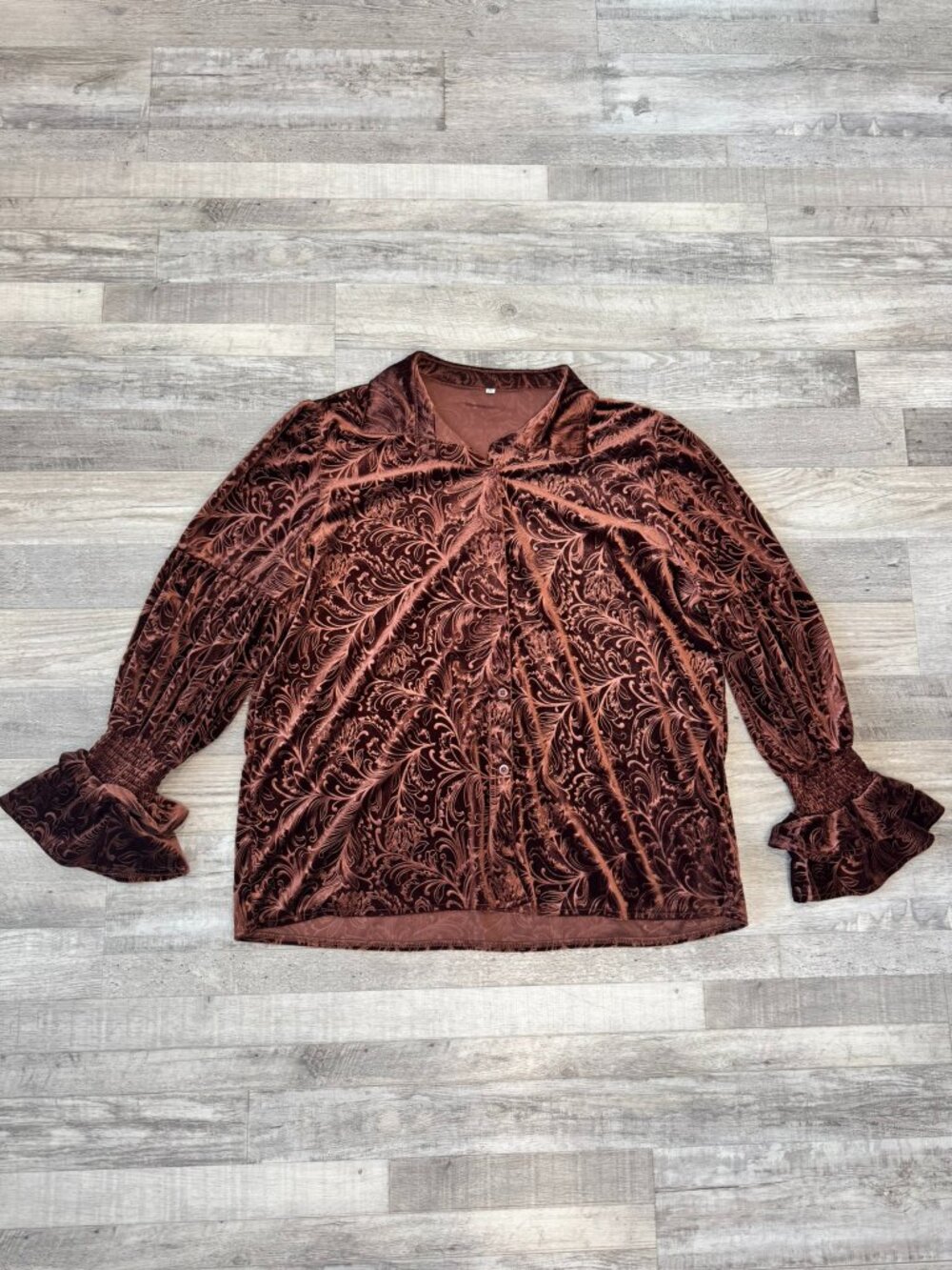 Copper brown velvet embossed blouse ruffled long sleeve size 2X C13